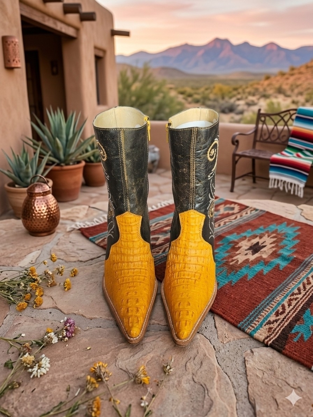 Two-Tone Embroidered Ankle Boots with heel in Black and gold.